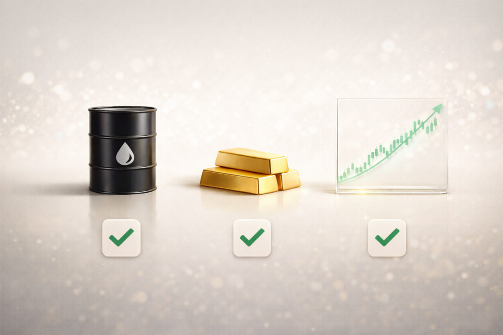 イラン情勢が株価に与える影響の要点をまとめるイメージ。原油、金、株価チャートを象徴する要素でチェックポイントを表現
