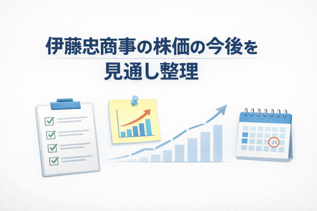 伊藤忠商事の株価の今後を見通し整理するチェックリスト風の図解アイキャッチ