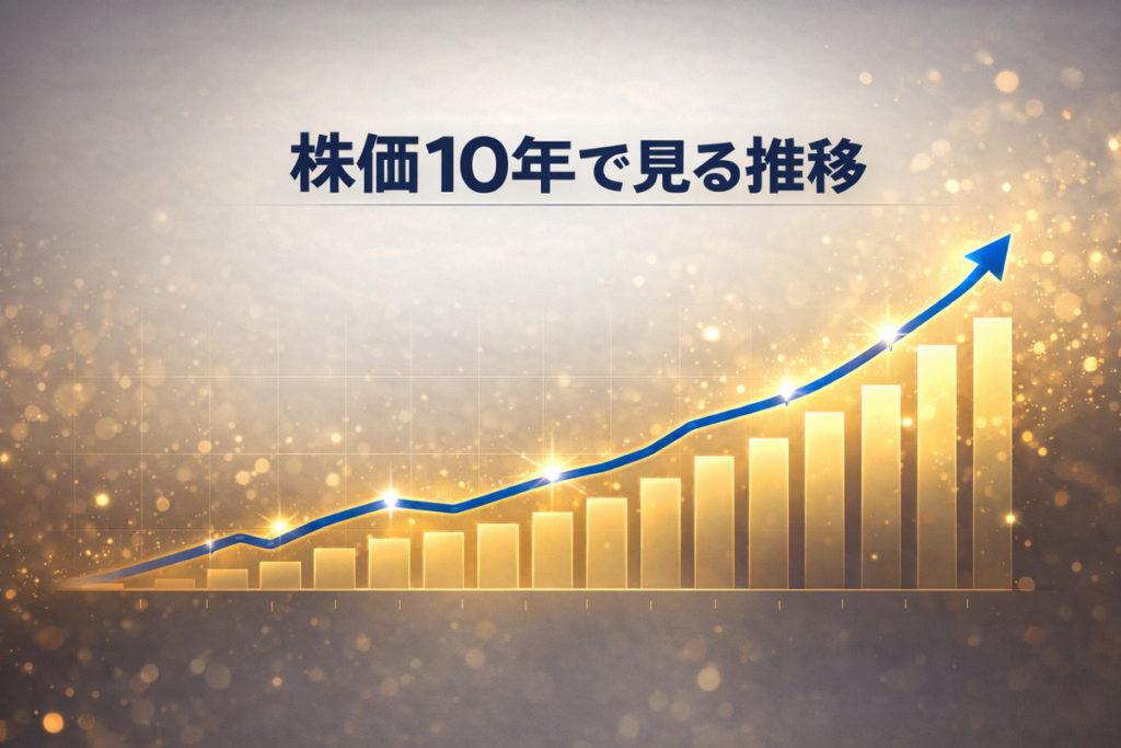 株価10年で見る推移を示す長期チャート風の図解アイキャッチ