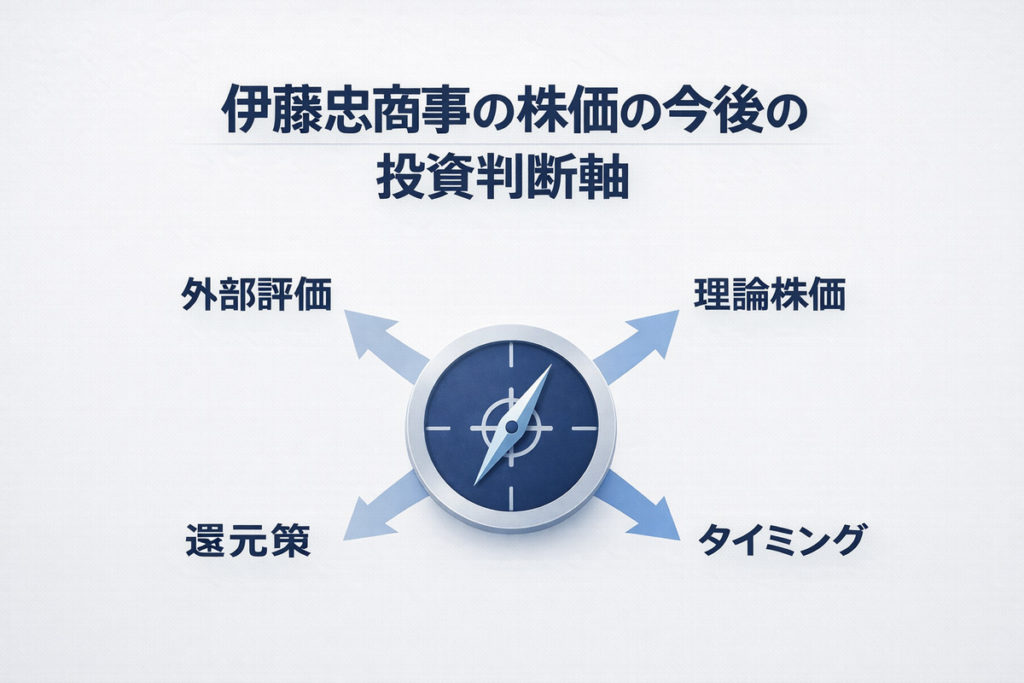 伊藤忠商事の株価の今後の投資判断軸を示すインフォグラフィック風アイキャッチ