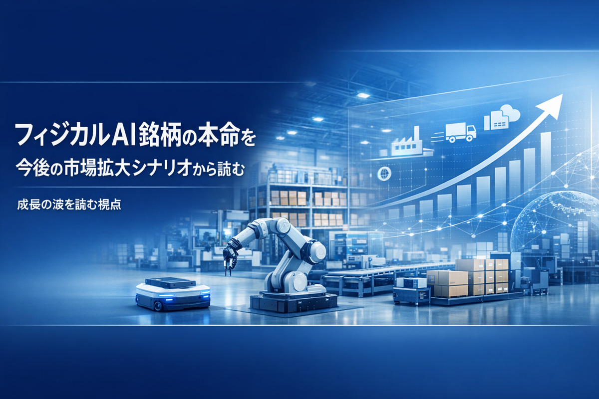未来的な工場と物流倉庫でロボットとAMRが稼働し、成長曲線のHUDが表示されたフィジカルAI銘柄本命の市場拡大イメージ