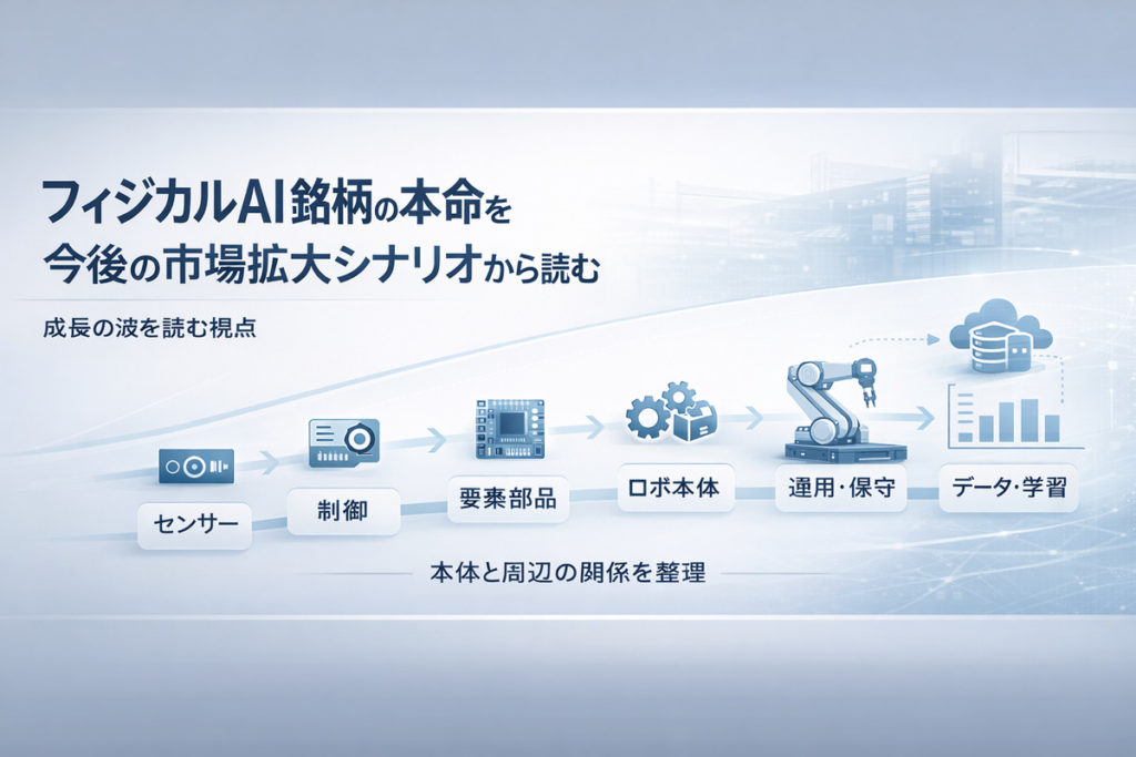 フィジカルAI銘柄本命の全体像を示す図解。センサー、制御、要素部品、ロボ本体、運用保守、データ学習の流れを整理したインフォグラフィック