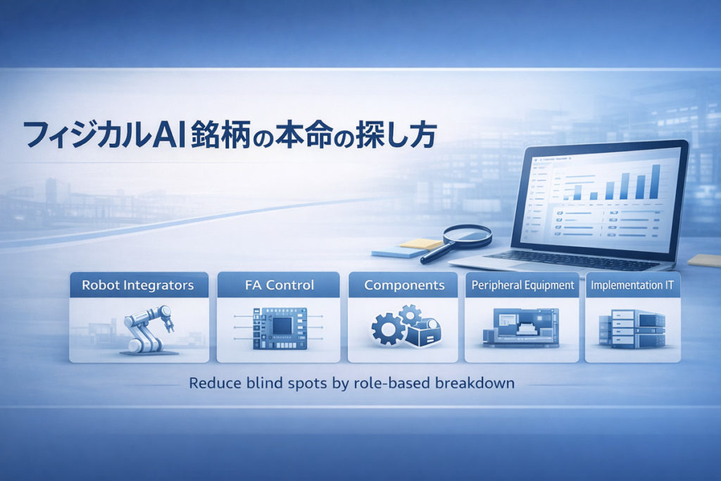 フィジカルAI銘柄本命を探すために、ロボ本体やFA制御、要素部品などの役割別に整理したカテゴリ図