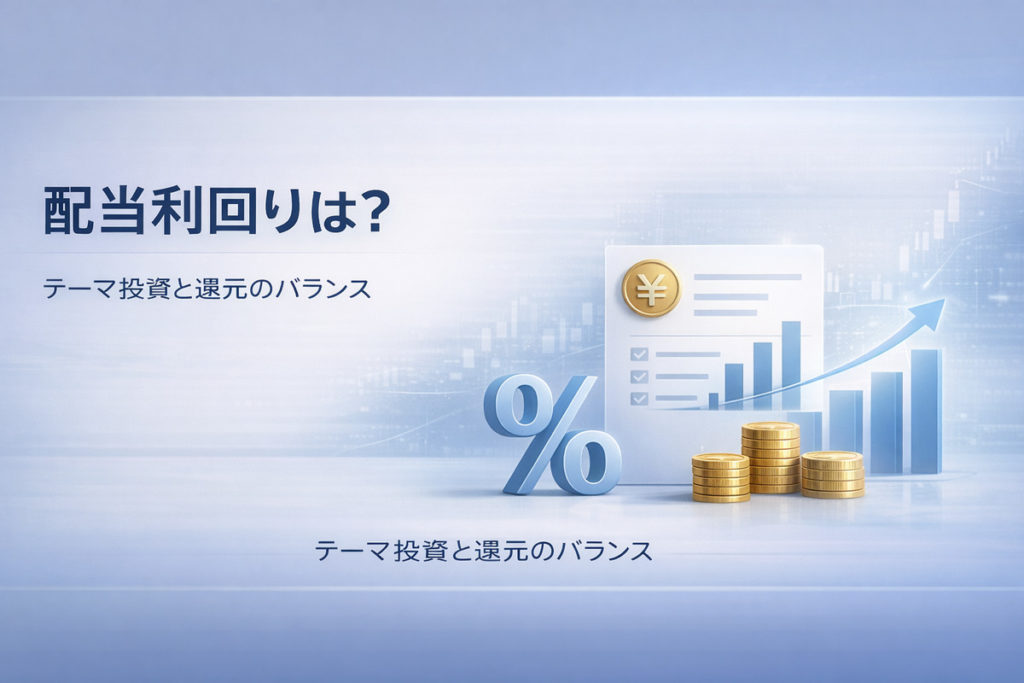 配当利回りを示すパーセント記号と棒グラフのインフォグラフィックで、フィジカルAI銘柄の還元イメージを表した図