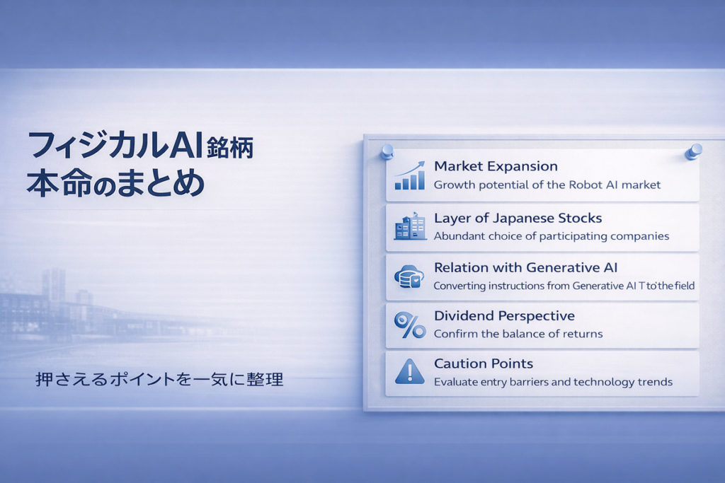フィジカルAI銘柄の要点をカード状に整理したまとめボードの図で、市場拡大や日本銘柄の層、生成AIとの関係、配当の見方を俯瞰できるイメージ