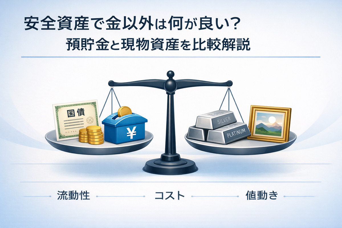安全資産で金以外の選択肢を国債・預金・銀やプラチナなどの現物資産で比較した図解