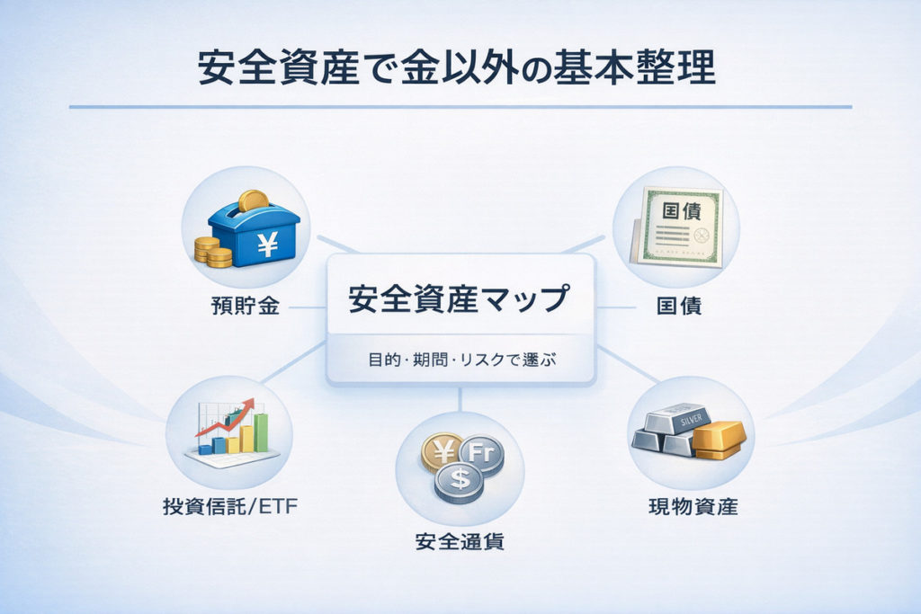 安全 資産 金 以外の基本を、預貯金・国債・安全通貨・現物資産・投資信託ETFで整理した図解