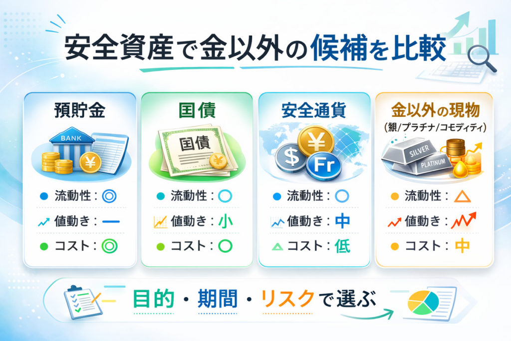 安全 資産 金 以外の候補を、預貯金・国債・安全通貨・金以外の現物資産で比較した図解