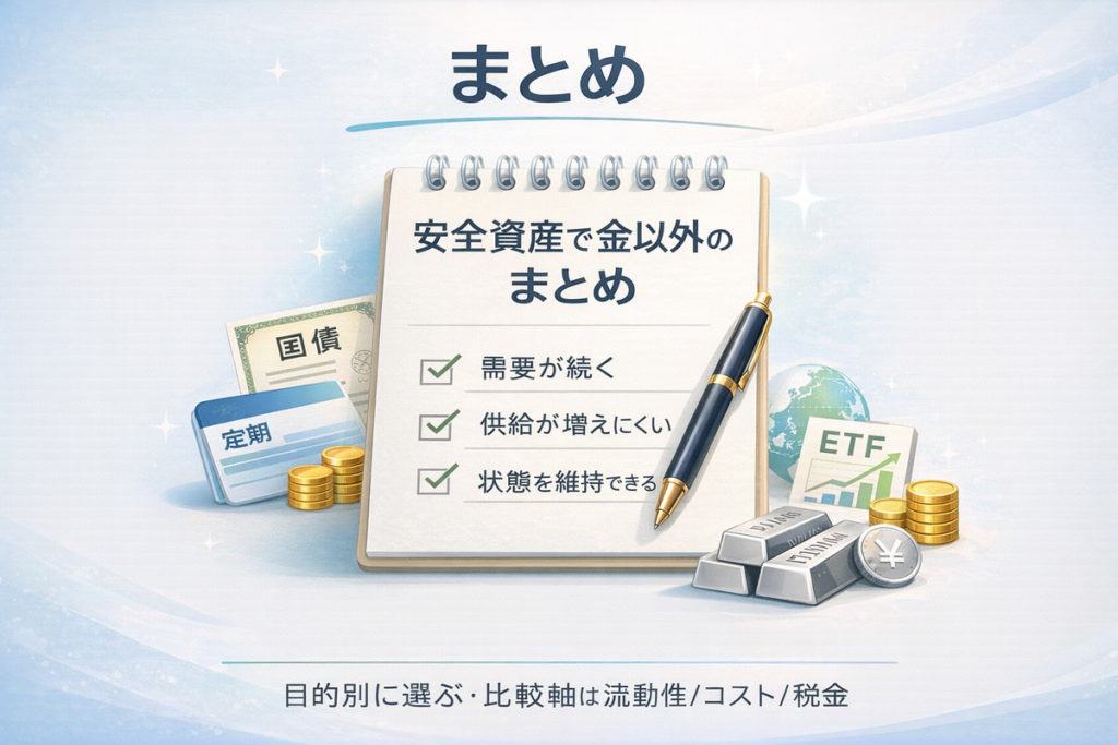 安全 資産 金 以外の選び方を、目的別と比較軸(流動性・コスト・税金)でまとめたチェックリスト図解