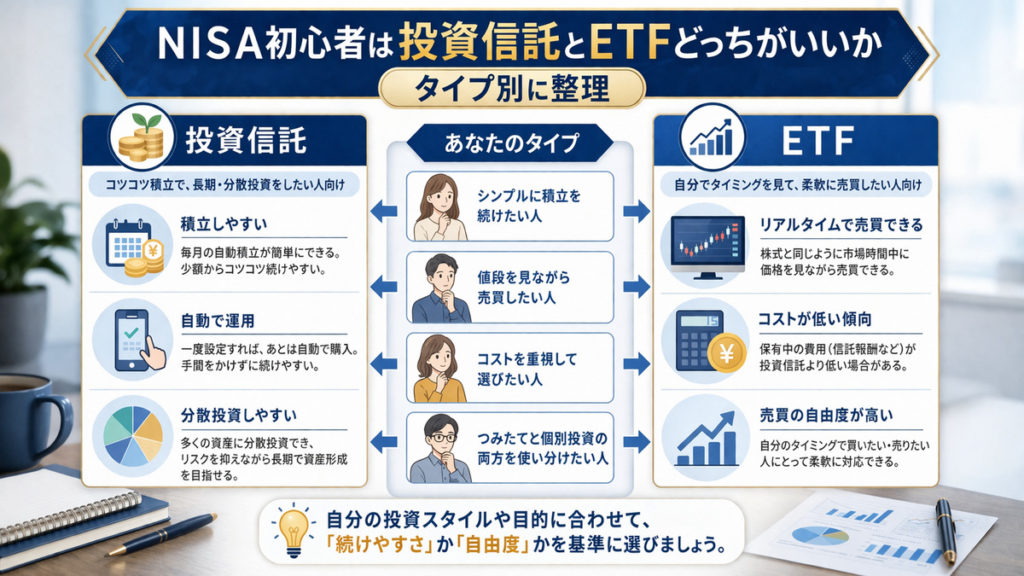 NISA初心者は投資信託とETFどっちがいいかタイプ別に整理
